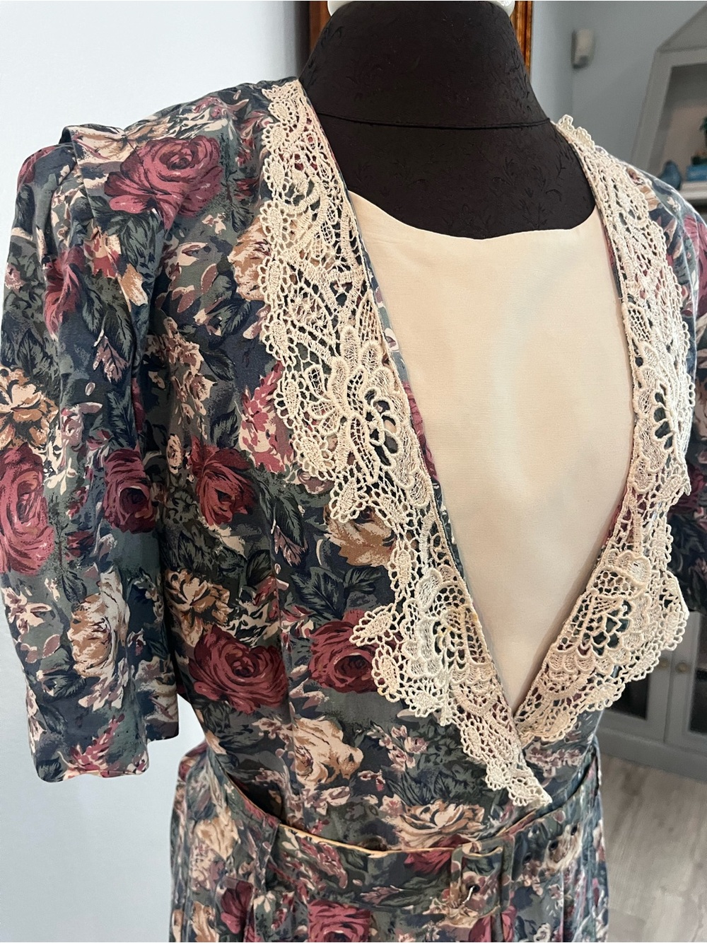 Ms Choice Vintage 1980s Floral Puff Sleeve Melanie Griffith Lace Belt XL - Picture 2 of 9